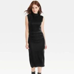 Women's Velour Side Ruched Drapery Bodycon Dress - Black - a new day